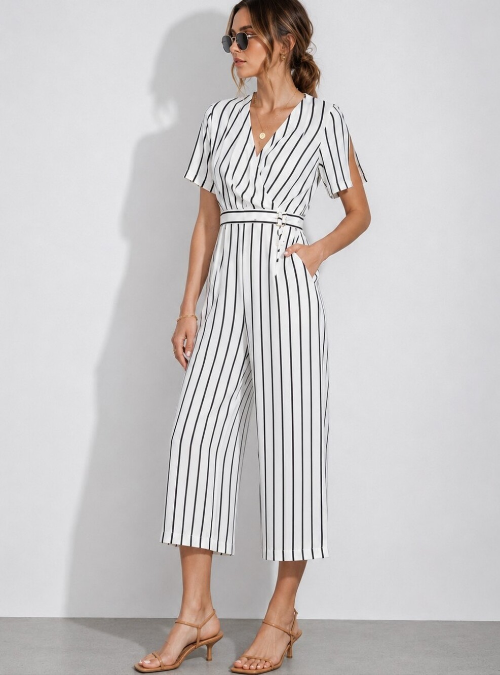 ALI & JAY Black White Stripe Wide Leg Jumpsuit Tie Waist Chic Minimalist Resort
